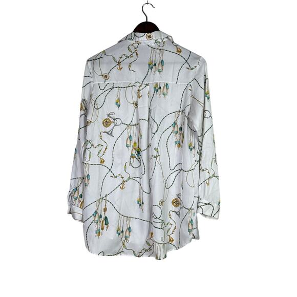 ZARA 90s Vintage Style Nautical Chain Print Silk Feel Blouse Button Up M White - Picture 14 of 14
